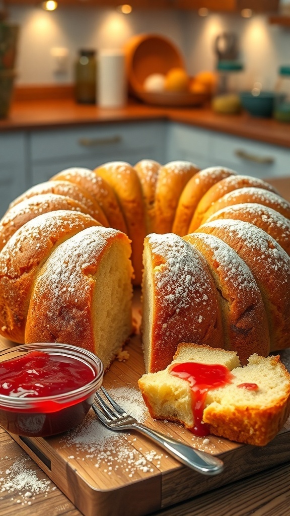 Golden-brown monkey bread dusted with powdered sugar, served with a bowl of strawberry jam.